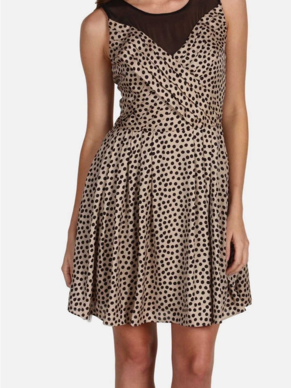 BCBG Sleeveless Beige Polka Dot Fit & Flare Dress with Sheer Yoke